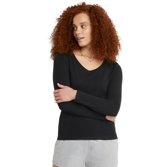 Hanes Originals Women's Cotton V-Neck Tee with Long Sleeves, Sizes XS-XXL