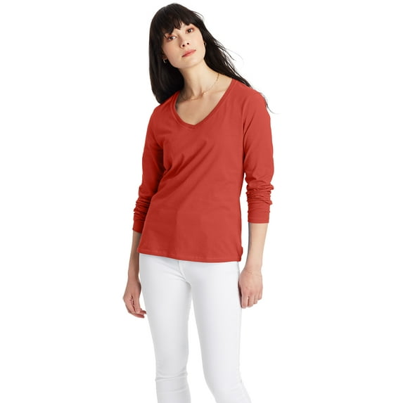 Hanes Originals Women's Cotton V-Neck Tee with Long Sleeves, Sizes XS-XXL