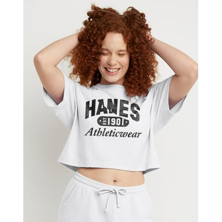 Hanes Originals Women's Graphic Cropped T-Shirt, Athleticwear White L