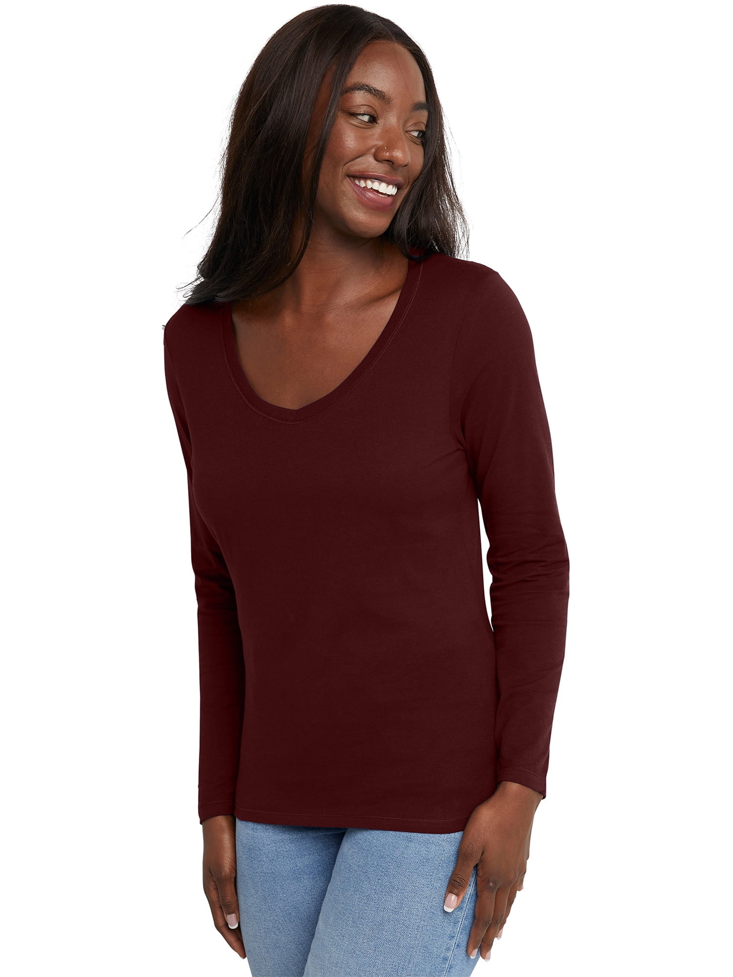 Hanes Originals Women's Lightweight V-Neck Cotton Tee with Long - Main Image
