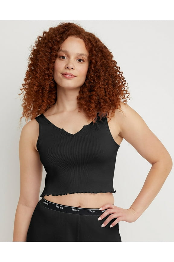 Originals Women's Rib Cropped Tank Top with Lettuce Edge Trim Black L