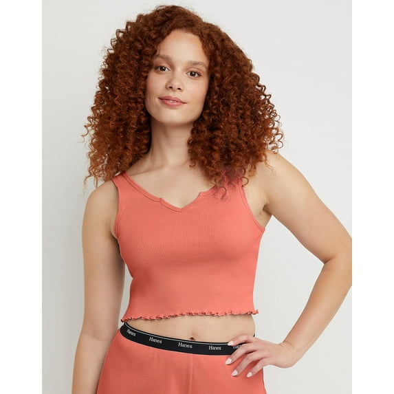 Hanes Originals Women's Rib Cropped Tank Top with Lettuce Edge Trim Red River Clay L