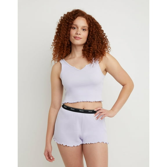 Hanes Originals Women's Rib Cropped Tank Top with Lettuce Edge Trim Urban Lilac S