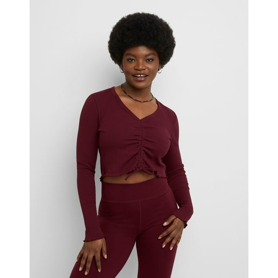 Hanes Originals Women's Rib Shirred Crop Top Mulled Berry XS