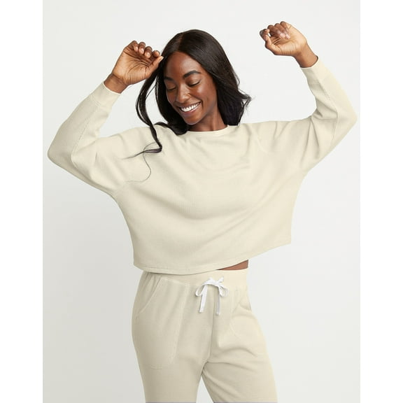 Hanes Originals Women's Waffle Long Sleeve Lounge Top Natural L
