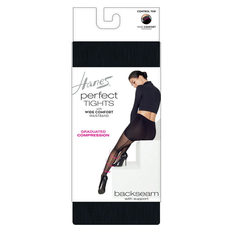 Hanes Perfect Tights with Compression Backseam and Control Top Black L  Women's 