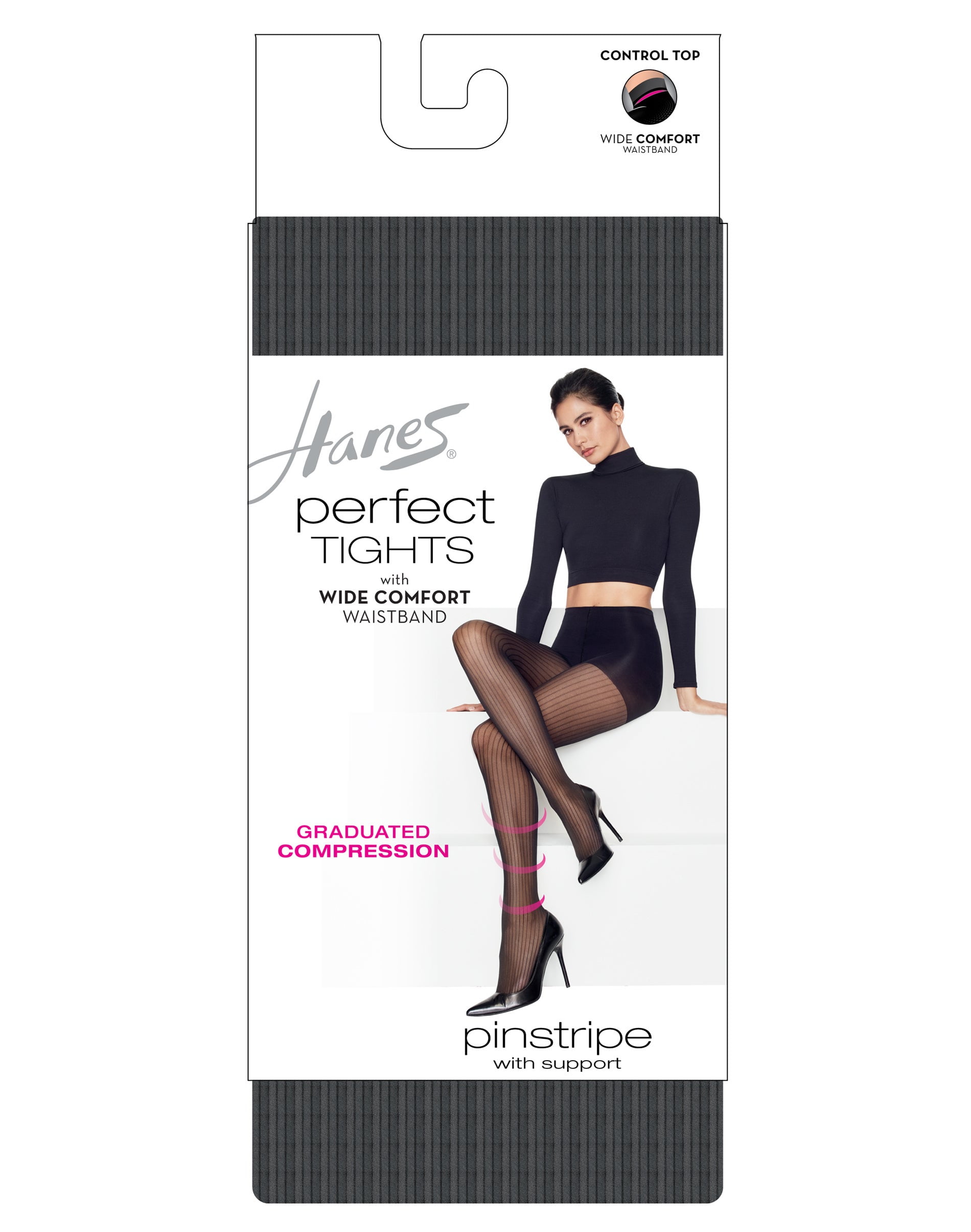 Hanes Perfect Tights with Compression Pinstripe and Control Top Black XL  Women's 