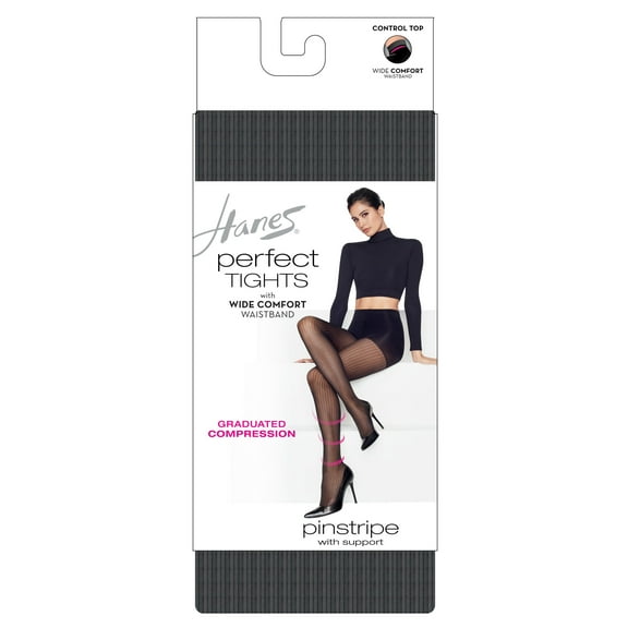 Hanes Perfect Tights with Wide Comfort Waistband, Graduated Compression, Pinstripe Black M Women's