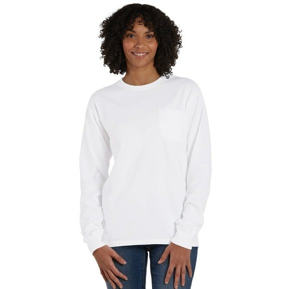 Hanes Pocket T-Shirt Long Sleeve Unisex Garment Dyed Tee Crewneck Cotton