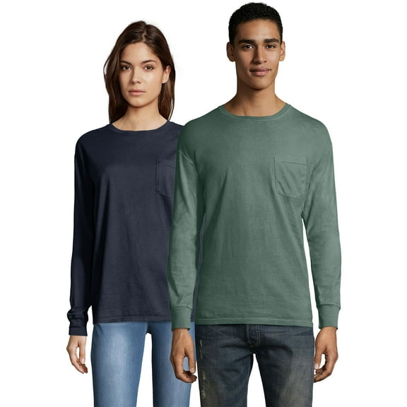 Hanes Pocket T-Shirt Long Sleeve Unisex Garment Dyed Tee Crewneck Cotton
