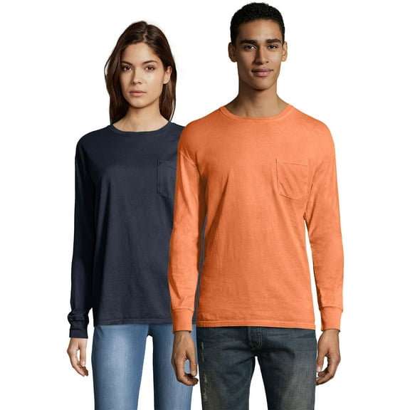 Hanes Pocket T-Shirt Long Sleeve Unisex Garment Dyed Tee Crewneck Cotton