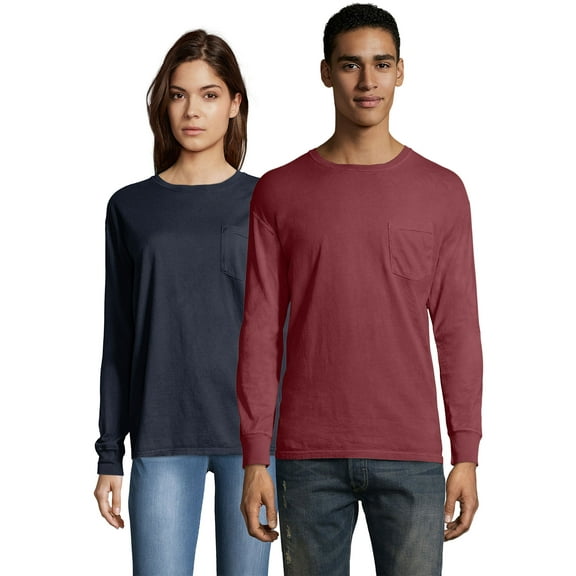 Hanes Pocket T-Shirt Long Sleeve Unisex Garment Dyed Tee Crewneck Cotton