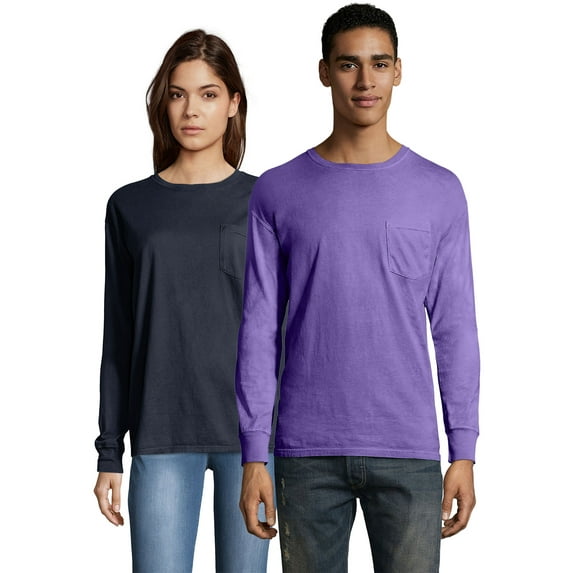 Hanes Pocket T-Shirt Long Sleeve Unisex Garment Dyed Tee Crewneck Cotton