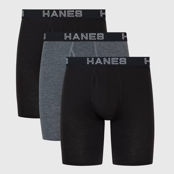 Hanes Premium Men's 3 Pack Long Leg Boxer Briefs with Total Support Pouch - Black/Gray, Medium
