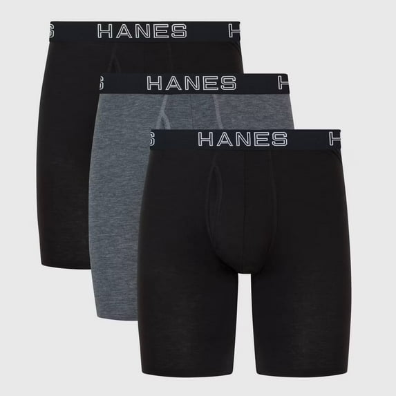 Hanes Premium Men's 3 Pack Long Leg Boxer Briefs with Total Support Pouch - Black/Gray, XLarge