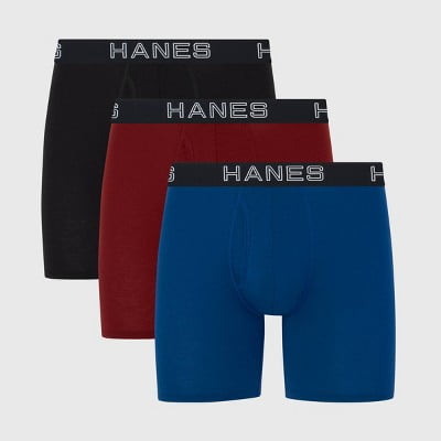 Hanes Premium Men's 3pk Boxer Briefs Total Support Pouch - Blue/Black/Red L: Tagless, Moisture Wicking, 4-Way Stretch