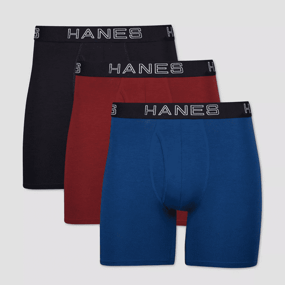 Hanes Premium Men's 3 Pack Boxer Briefs with Total Support Pouch - Black/Blue/Maroon, XLarge