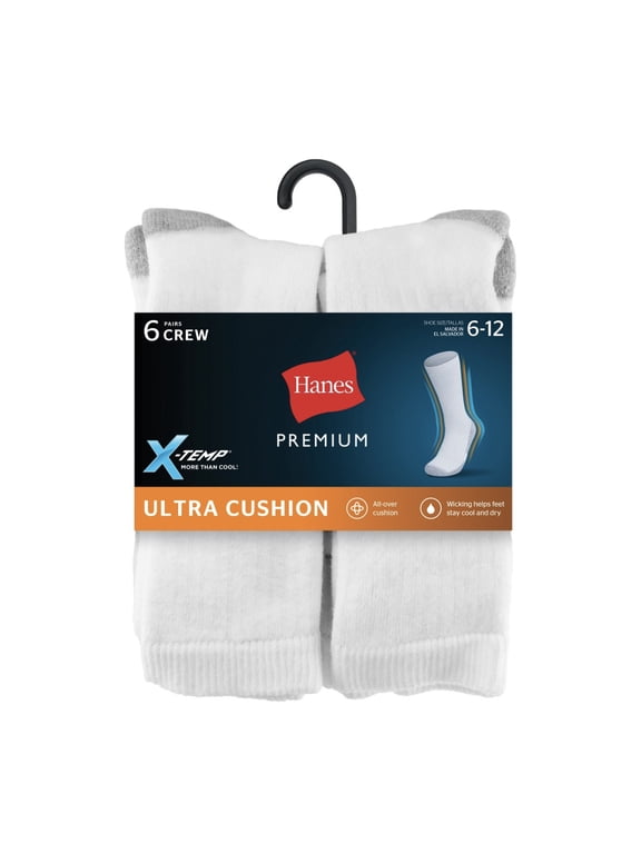 Premium Men's X-Temp Ultra Cushion Crew Socks 6pk, WHITE, Size 6-12
