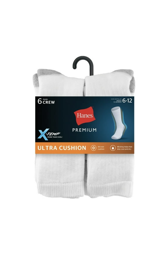 Premium Men's X-Temp Ultra Cushion Crew Socks 6pk, WHITE, Size 6-12