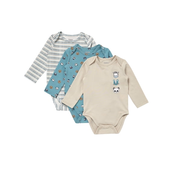 Hanes Pure Comfort Baby Long Sleeve Bodysuits, Organic Cotton, Boys & Girls, 3-Pack Beige/Teal Assortment 12MTH
