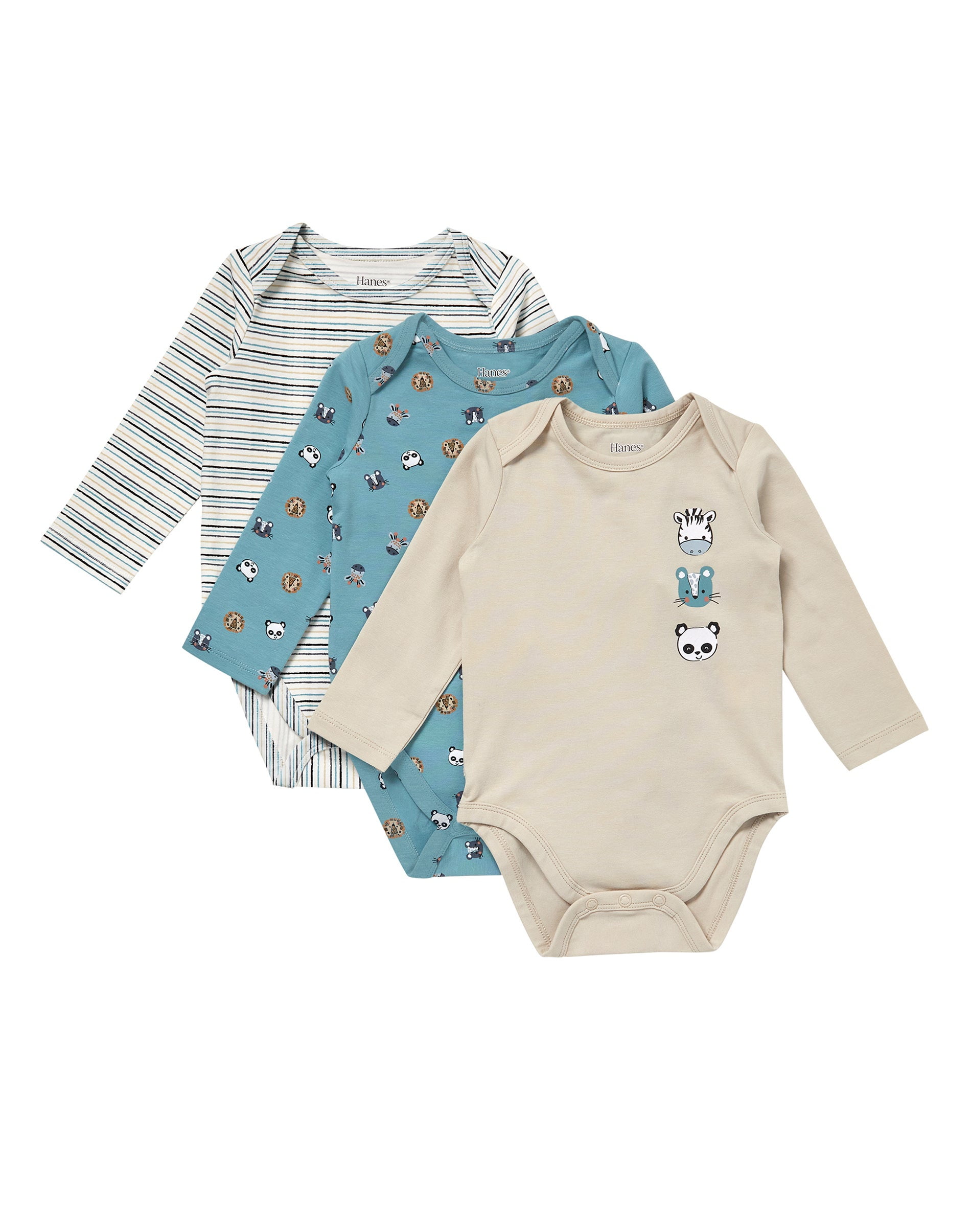 Hanes Pure Comfort Baby Long Sleeve Bodysuits, Organic Cotton, Boys & Girls, 3-Pack Beige/Teal Assortment 9MTH