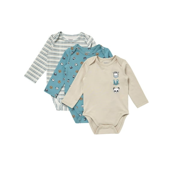 Hanes Pure Comfort Baby Long Sleeve Bodysuits, Organic Cotton, Boys & Girls, 3-Pack Beige/Teal Assortment 9MTH