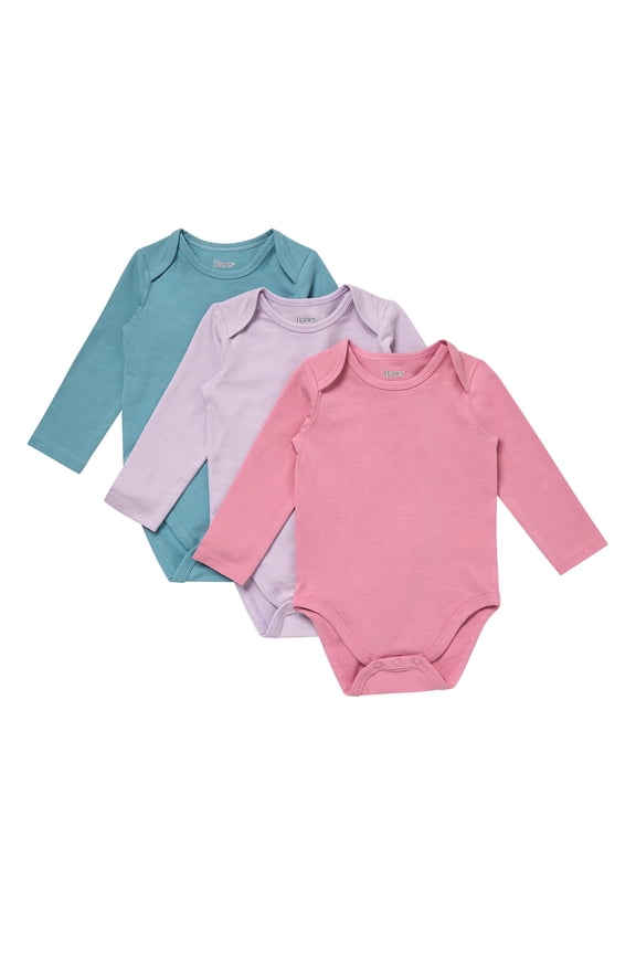 Pure Comfort Baby Long Sleeve Bodysuits, Organic Cotton, Boys & Girls, 3-Pack Dusty Jewel Tones Assortment 9MTH