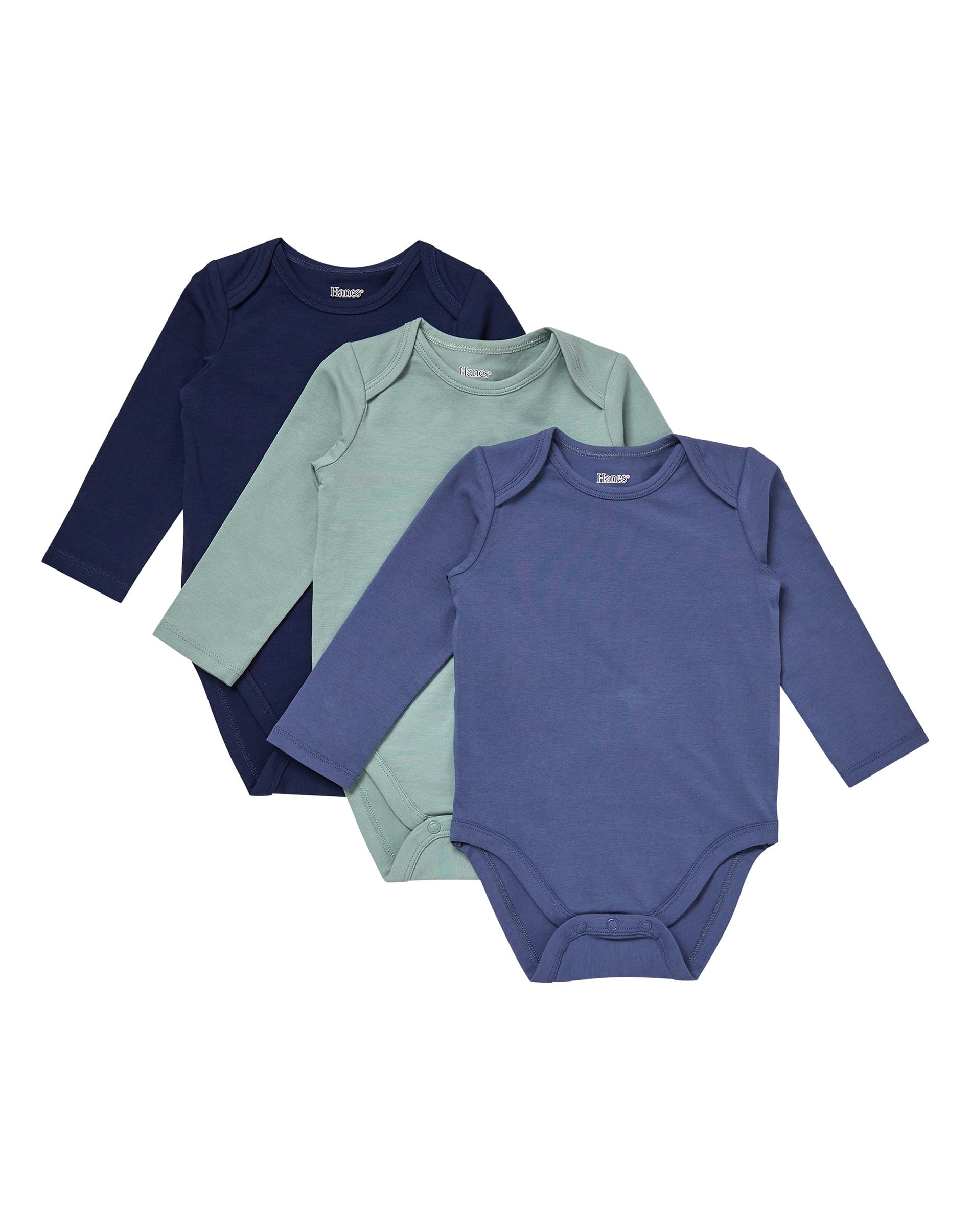 Hanes Pure Comfort Baby Long Sleeve Bodysuits, Organic Cotton, Boys & Girls, 3-Pack Green/Blue Assortment 9MTH