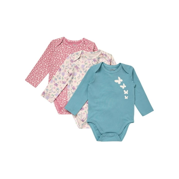 Hanes Pure Comfort Baby Long Sleeve Bodysuits, Organic Cotton, Boys & Girls, 3-Pack Teal/Pink Assortment 9MTH