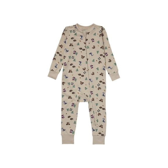 Hanes Pure Comfort Baby Long Sleeve Footless Sleep N' Play, Organic Cotton, Boys & Girls Beige Forest Animals 3MTH