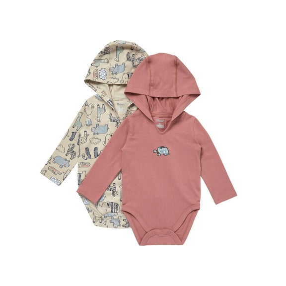 Hanes Pure Comfort Baby Long Sleeve Hooded Bodysuits, Organic Cotton, Boys & Girls, 2-Pack Fashion 5 Set 3MTH