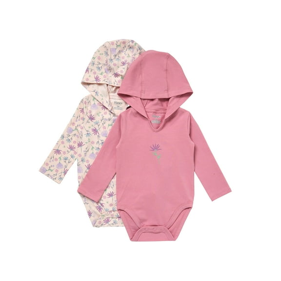 Hanes Pure Comfort Baby Long Sleeve Hooded Bodysuits, Organic Cotton, Boys & Girls, 2-Pack Fashion 7 Set 3MTH