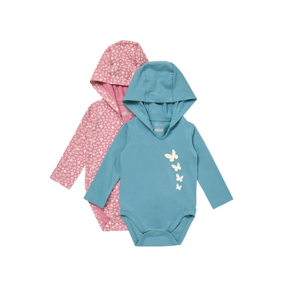 Hanes Pure Comfort Baby Long Sleeve Hooded Bodysuits, Organic Cotton, Boys & Girls, 2-Pack Pink/Teal Assortment 6MTH