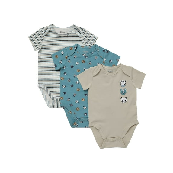 Hanes Pure Comfort Baby Short Sleeve Bodysuits, Organic Cotton, Boys & Girls, 3-Pack Beige/Teal Assortment 3MTH