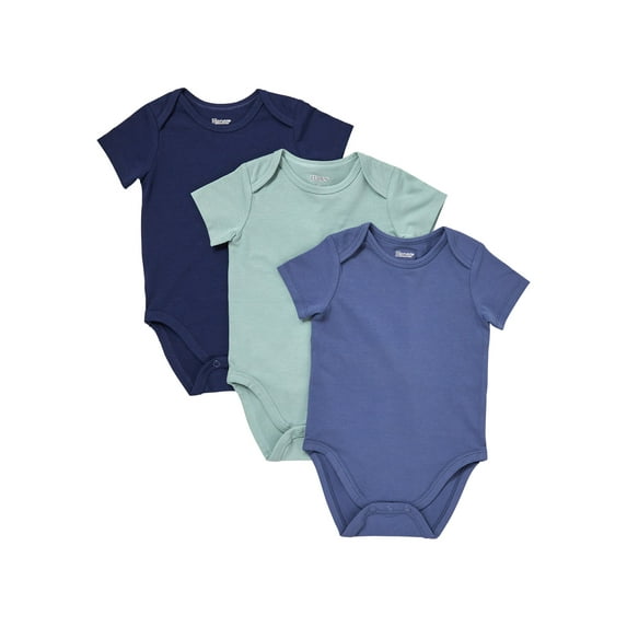 Hanes Pure Comfort Baby Short Sleeve Bodysuits, Organic Cotton, Boys & Girls, 3-Pack Green/Blue Assortment 18MTH