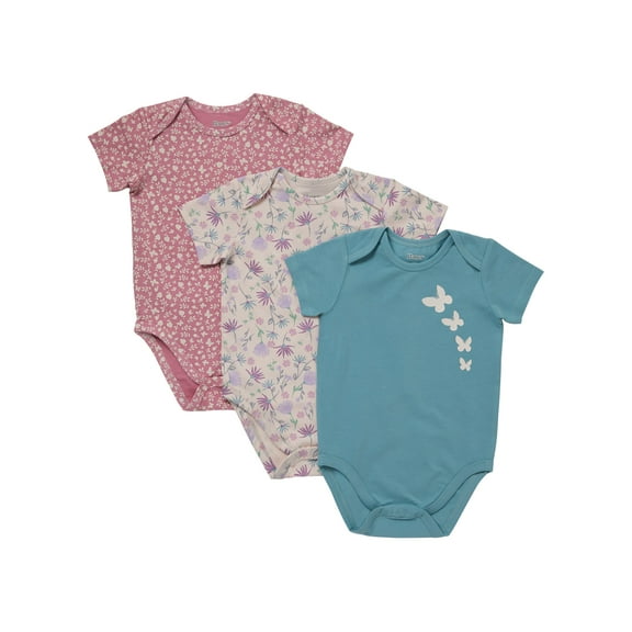 Hanes Pure Comfort Baby Short Sleeve Bodysuits, Organic Cotton, Boys & Girls, 3-Pack Teal/Pink Assortment 3MTH