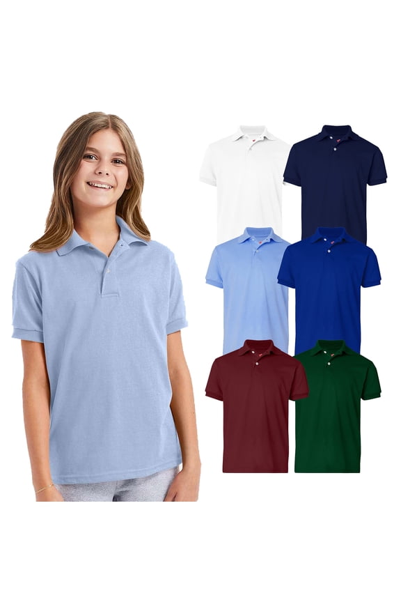 Short Sleeve Youth Ecosmart Jersey Polo, Assorted 6 Pack Mix Tee Bulk, 50/50 Cotton-Poly, M
