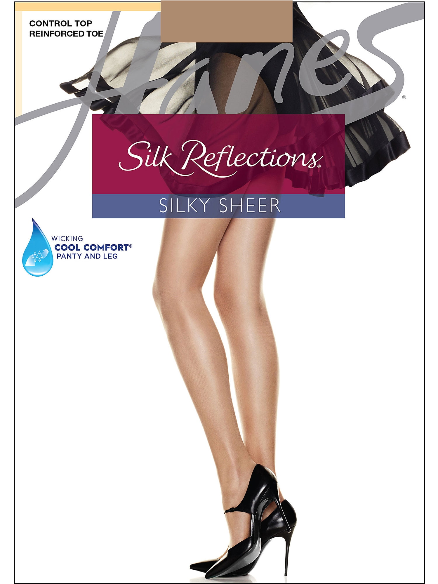 Hanes Silk Reflections Control Top Reinforced Toe Pantyhose 4-Pack Jet CD  Women's