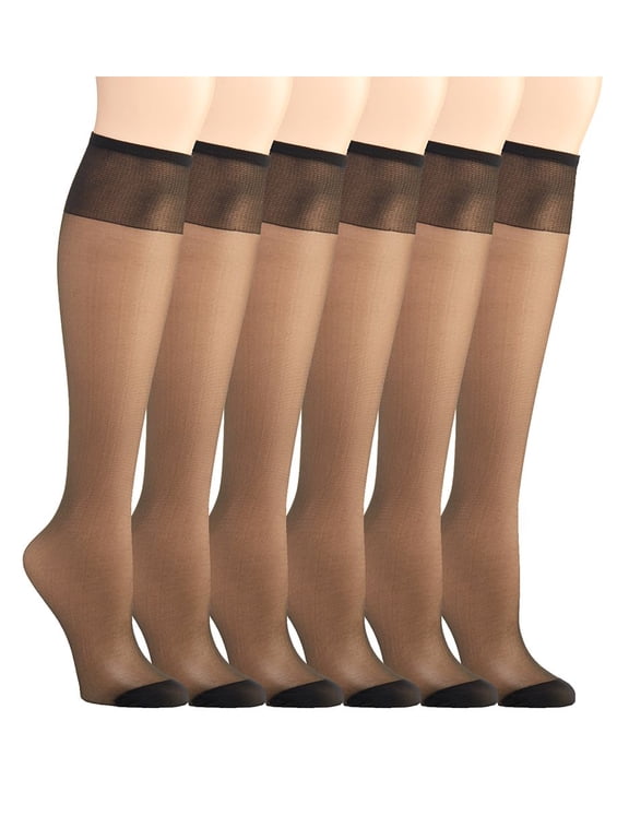 Silk Reflections Knee Highs, Reinforced Toe, 6-Pack Jet ONE SIZE Women's