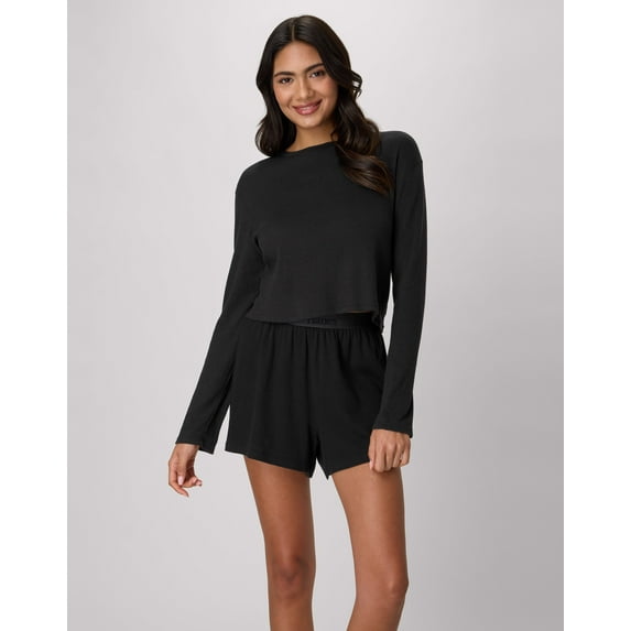 Hanes Women's Rib Crop Long Sleeve & Sleep Short Set Black/Black M