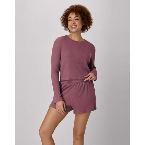 Hanes Women's Rib Crop Long Sleeve & Sleep Short Set Mauve Mood/Mauve Mood M