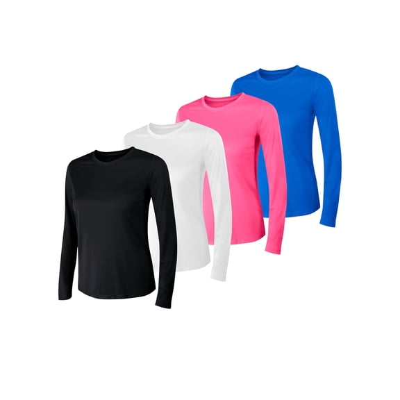 Hanes Sport Cool DRI Women's Performance Long Sleeve T-Shirt, 4-Pack Black/White/Wow Pink/Awesome Blue M