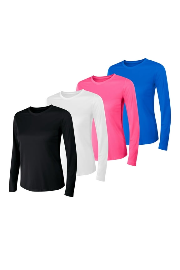 Sport Cool DRI Women's Performance Long Sleeve T-Shirt, 4-Pack Black/White/Wow Pink/Awesome Blue XL