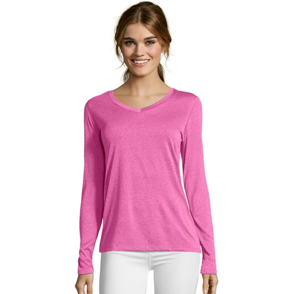 Hanes Sport Cool DRI Women's Performance Long Sleeve V-Neck T-Shirt Amaranth Heather S