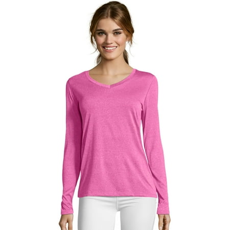 Hanes Sport Cool DRI Women's Performance Long Sleeve V-Neck T-Shirt Amaranth Heather XL
