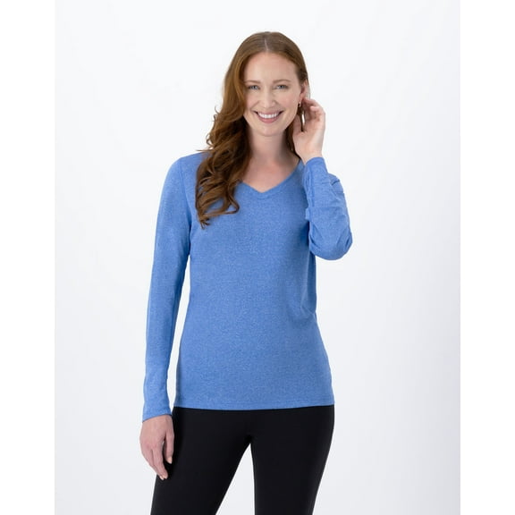 Hanes Sport Cool DRI Women's Performance Long Sleeve V-Neck T-Shirt Awesome Blue Heather L