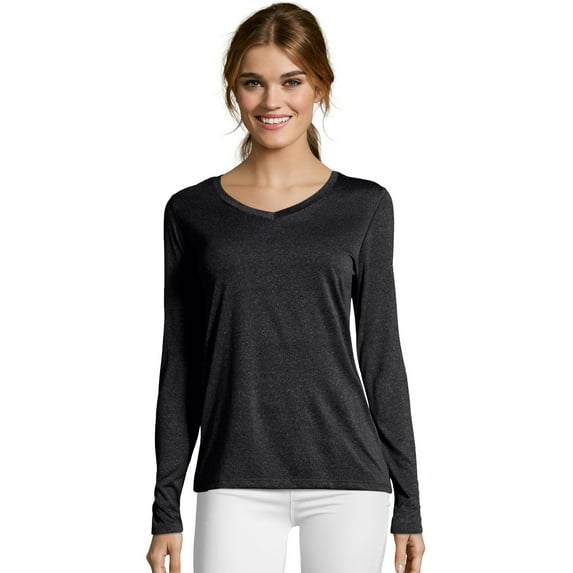 Hanes Sport Cool DRI Women's Performance Long Sleeve V-Neck T-Shirt Black Heather M