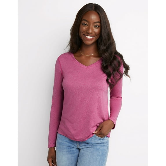 Hanes Sport Cool DRI Women's Performance Long Sleeve V-Neck T-Shirt Fresh Berry Heather 2XL