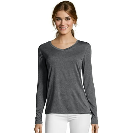 Hanes Sport Cool DRI Women's Performance Long Sleeve V-Neck T-Shirt Granite Heather XL