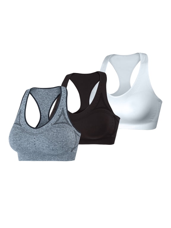 Sport Women's Seamless Racerback Sports Bra, 3-Pack Black/White/Grey 2XL